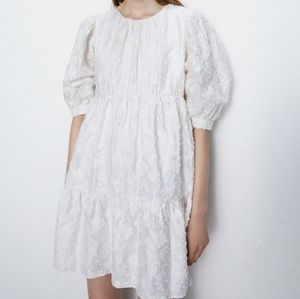 Zara Textured Weave Puff Sleeve Knee Length Tiered Dress Ivory Medium M